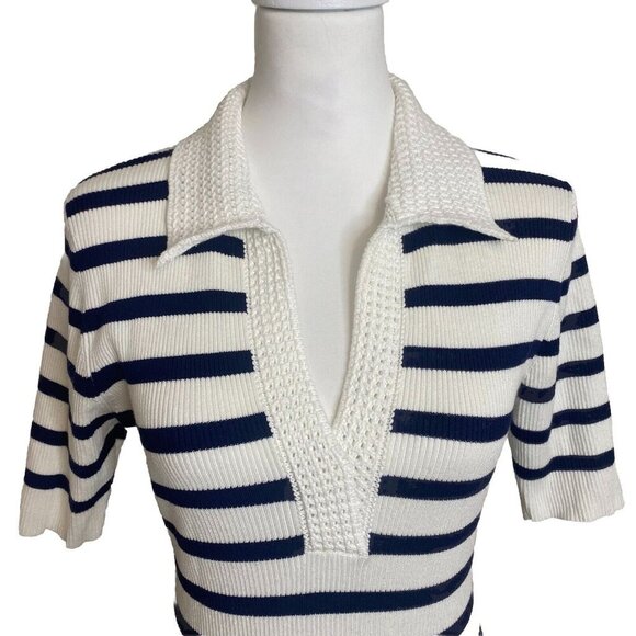 $695 CAROLINE CONSTAS Knit Stretch Midi Dress Striped White/Navy Bodycon L - Picture 4 of 11